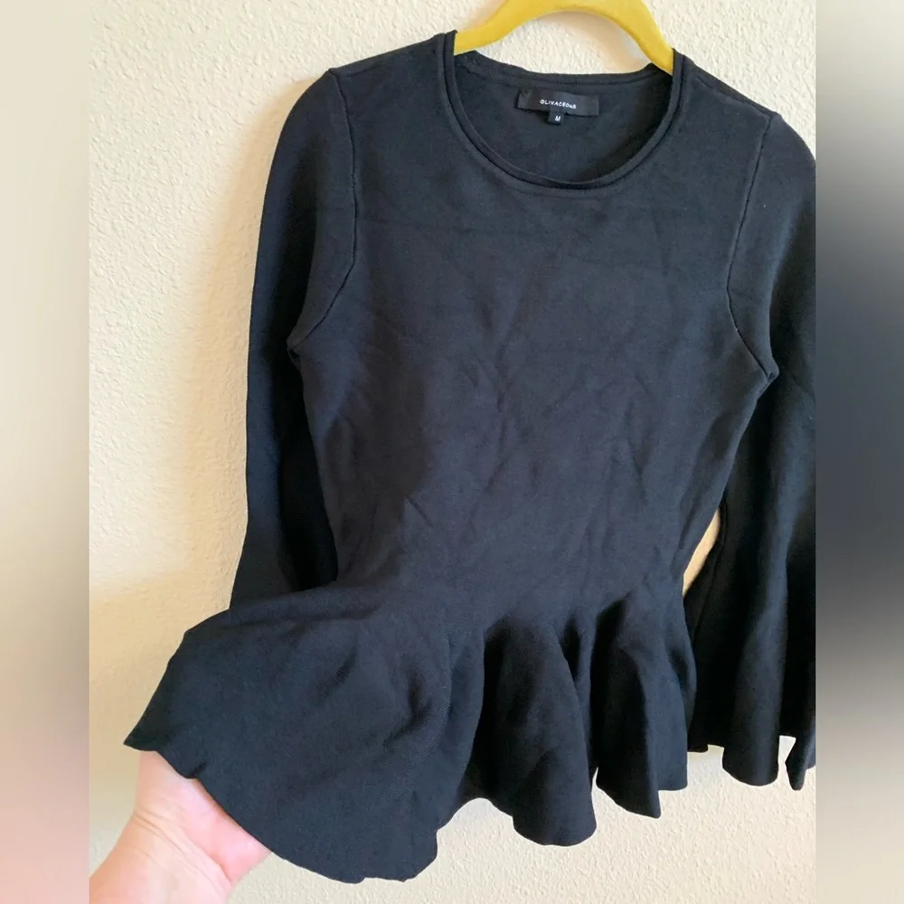 Olivaceous peplum Black Top With Bell Sleeves NWOT🌴